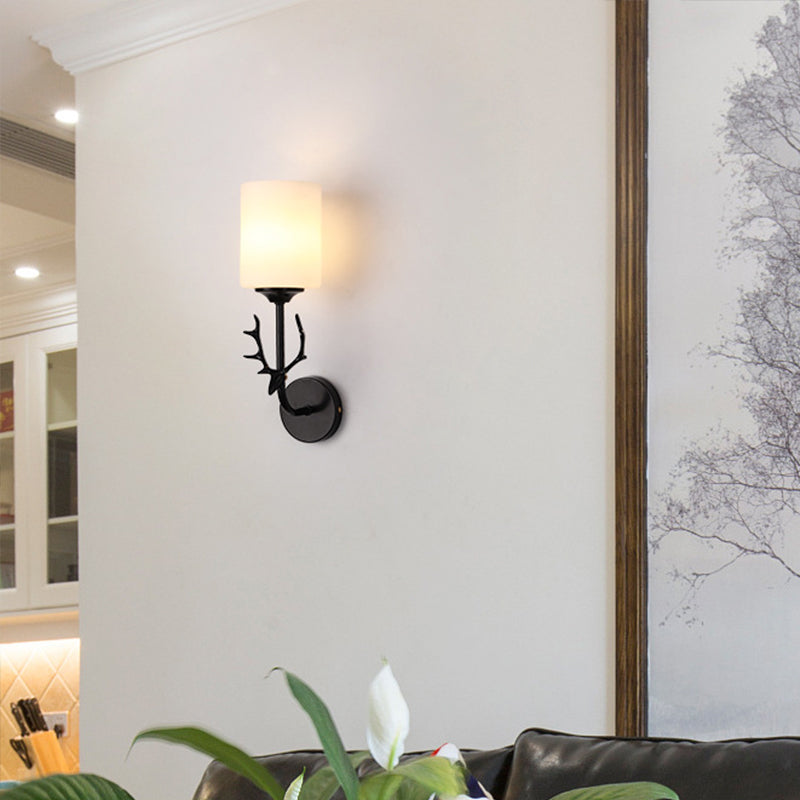 Rynx | Black/Brass 1-Bulb Wall Lighting Rustic White Glass Cylindrical Wall-Mounted Lamp for Living Room