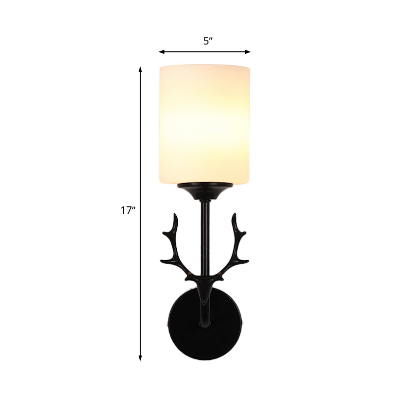 Rynx | Black/Brass 1-Bulb Wall Lighting Rustic White Glass Cylindrical Wall-Mounted Lamp for Living Room