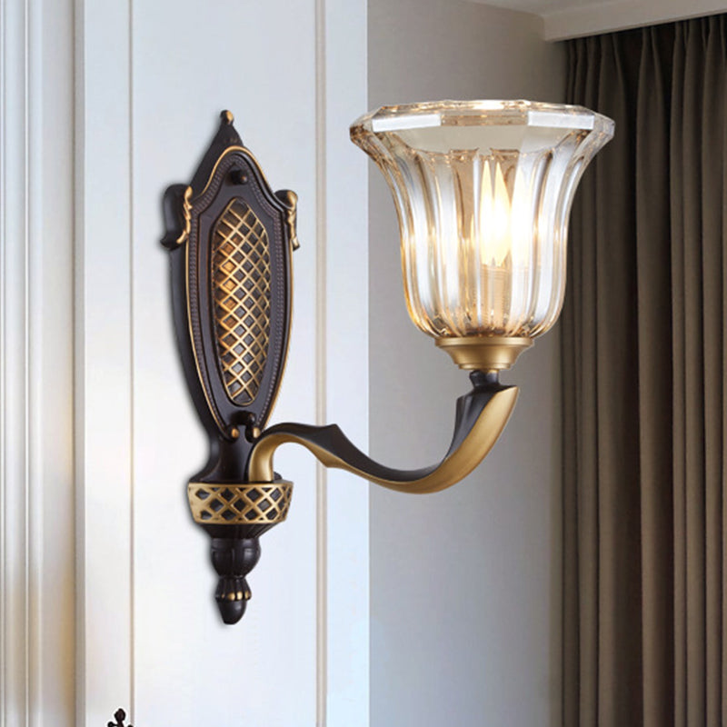 Rynx | Flared Wall Lamp for the Living Room Retro Clear Glass Shade 1/2 Lamps Brass Wall Lighting with Curved Arm