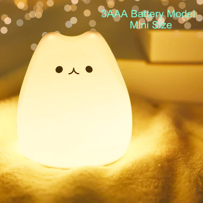 Rynx | Mini Kawaii Popular Cat Baby Night Light 7-Colors Pat Touch Color Changing Eye Protection Bedroom Nightstand Lamp Gift Kids