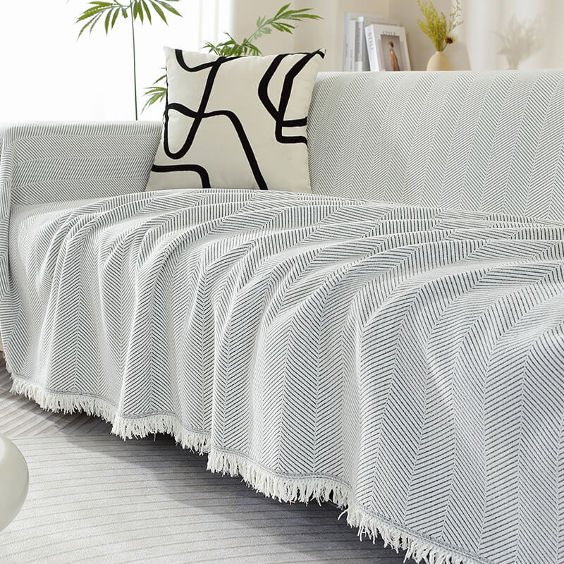 RYNX | Blanket Herringbone Tassel Couch Cover Light Grey