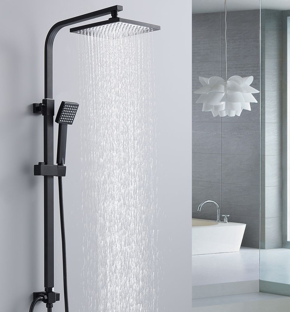 Rynx | Shower system Black Rain shower Shower set without faucet with overhead shower Hand shower Shower column Shower system with diverter angular Shower column for bathroom, black