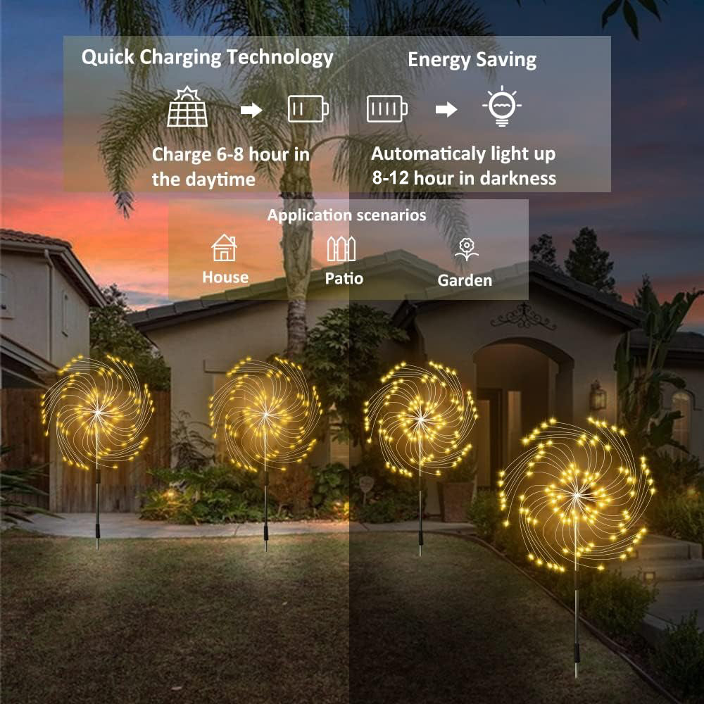 Rynx | Outdoor sunlight, Solar firework lights, 4 pack solar garden lights with 120 LED hedge star lights 8 modes patio fairy lights for pathway lawn backyard decoration (Warm white)