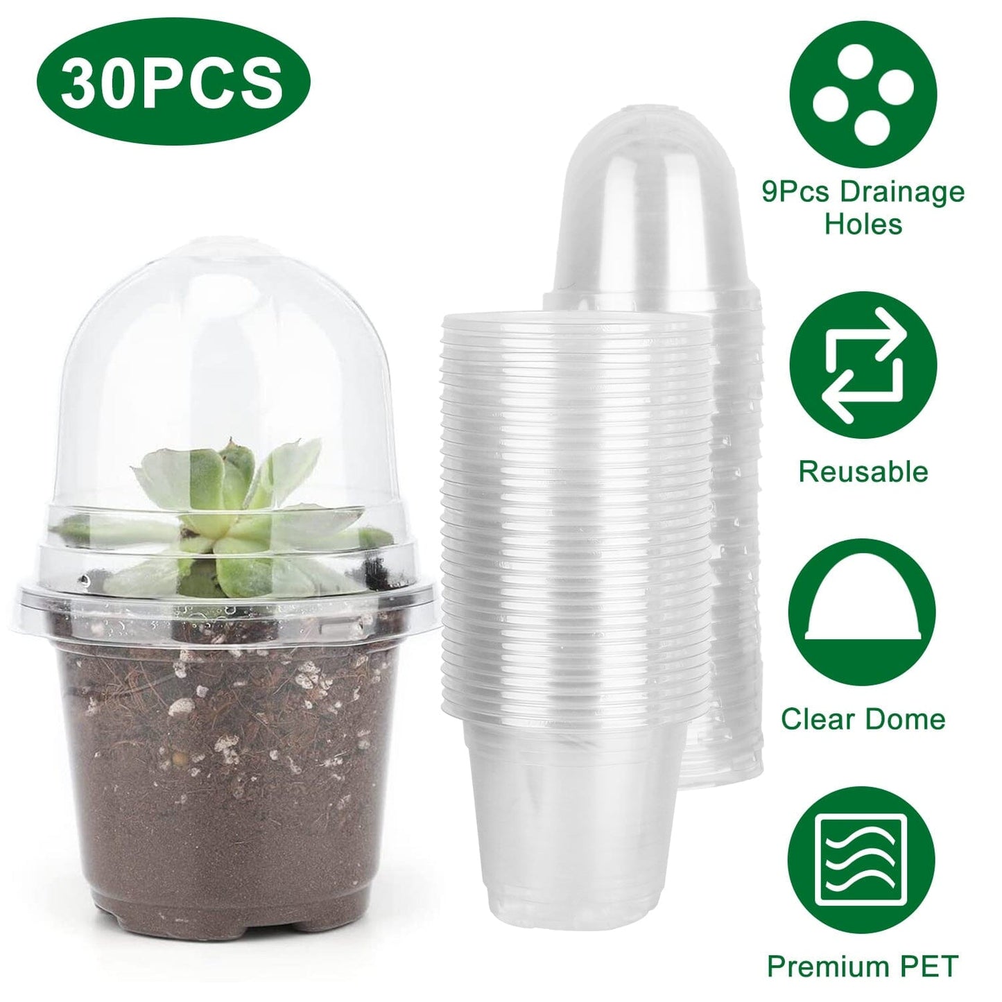 Rynx | 30 pieces: Plant nursery pots PET Flower seed starter pots Container with dome and drainage hole