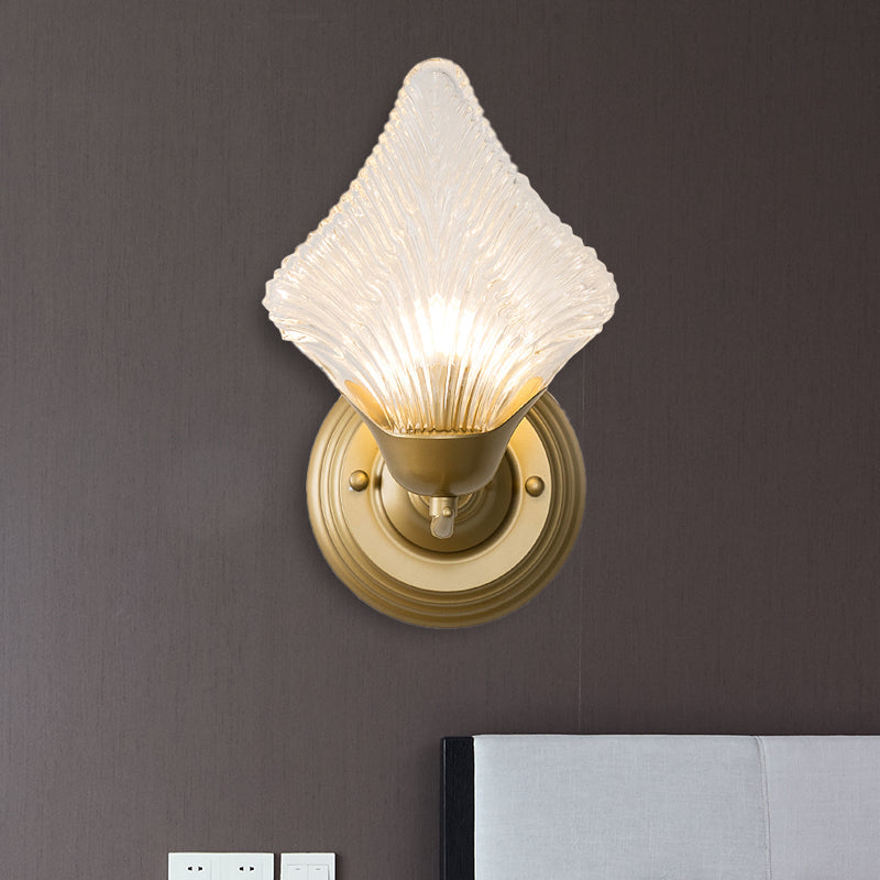 Rynx | Shell Bedroom Wall Sconce Light Vintage Clear Ribbed Glass 1/2 Heads Gold Wall Lighting Fixture