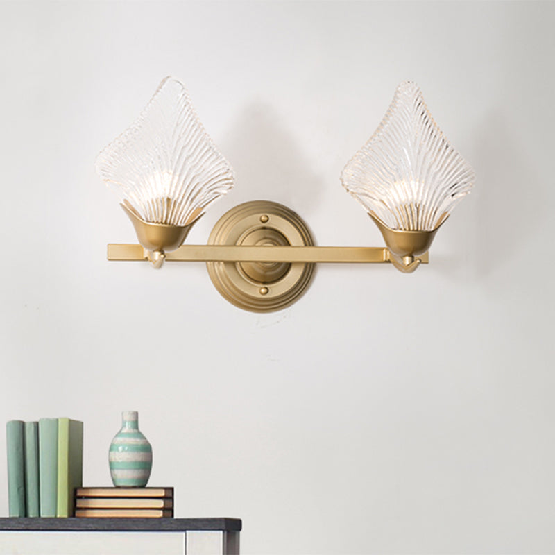 Rynx | Shell Bedroom Wall Sconce Light Vintage Clear Ribbed Glass 1/2 Heads Gold Wall Lighting Fixture