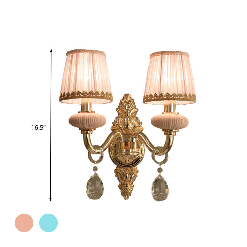 Rynx | Barrel Bedroom Wall Light Sconces Traditional Fabric 1/2 Heads Pink/Blue Wall Lighting with Crystal Accent