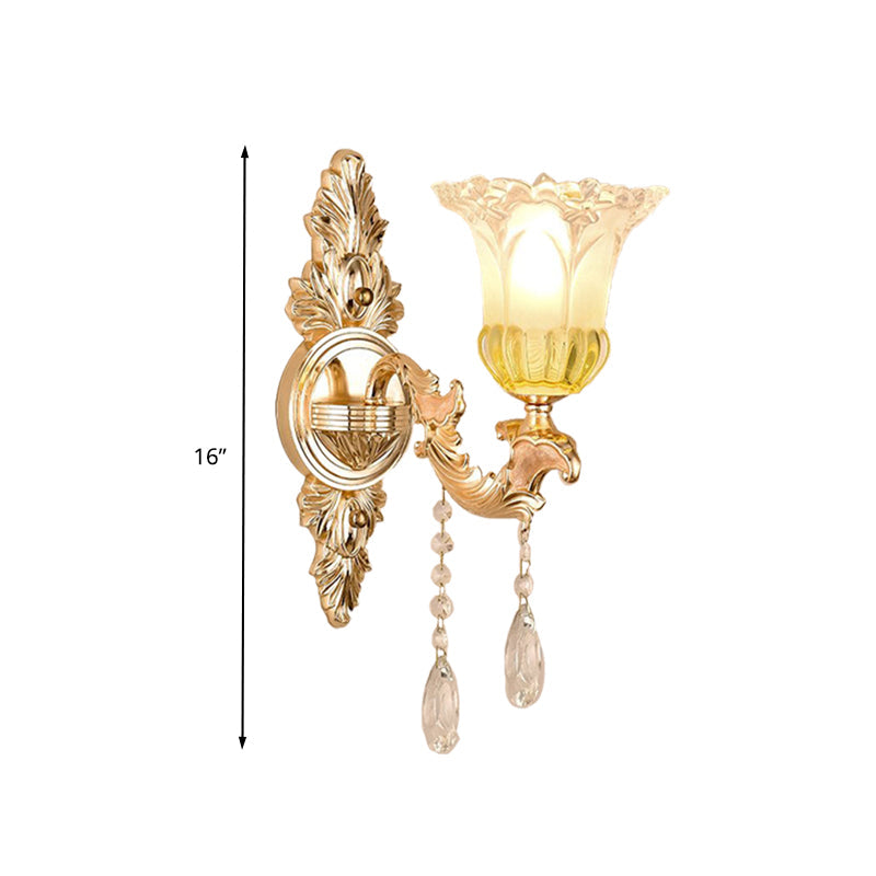 Rynx | 1/2 Heads Frosted Glass Wall Lamp Traditionalist Gold Flower Living Room Wall Mounted Light with Crystal Draping