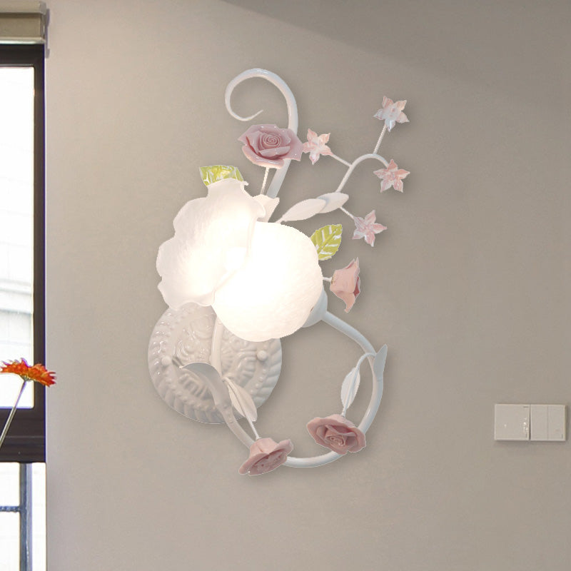Rynx | Traditionalism Flower Pattern Wall-Mounted Lamp 1 Main Tap White Glass Wall Lamp for Bedroom, Left/Right
