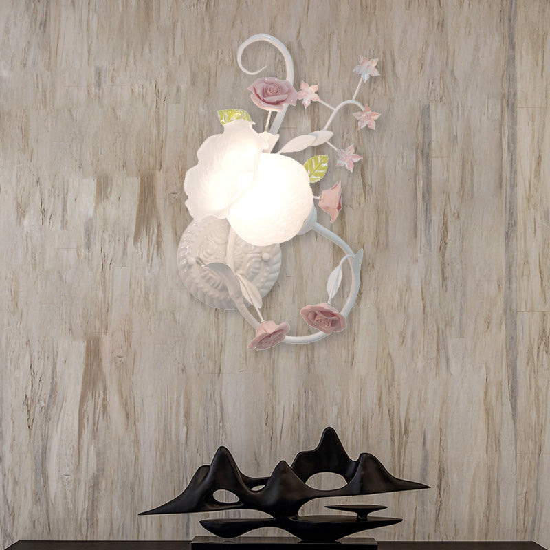 Rynx | Traditionalism Flower Pattern Wall-Mounted Lamp 1 Main Tap White Glass Wall Lamp for Bedroom, Left/Right