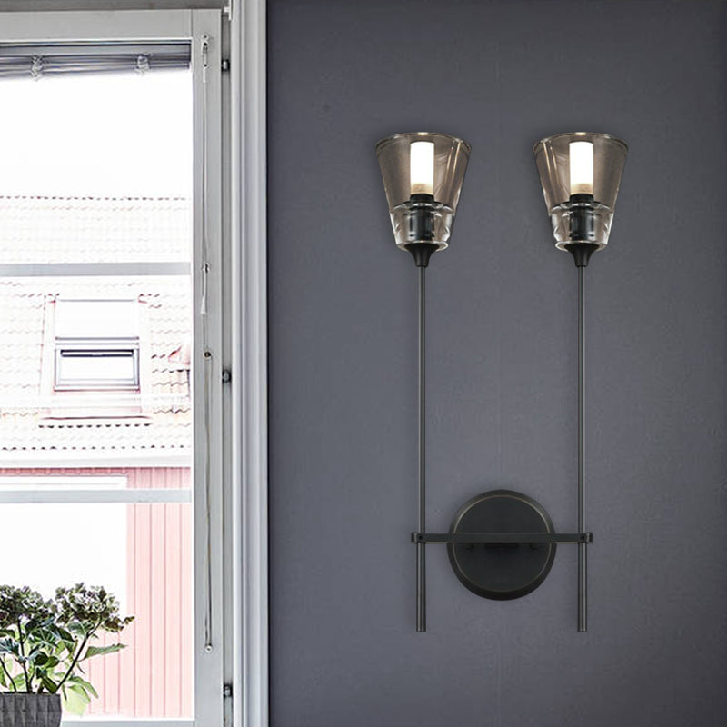 Rynx | Cone-Shaped Bathroom Wall Light Retro Clear Glass 1/2 Light Black/Brass LED Wall Mount Lighting