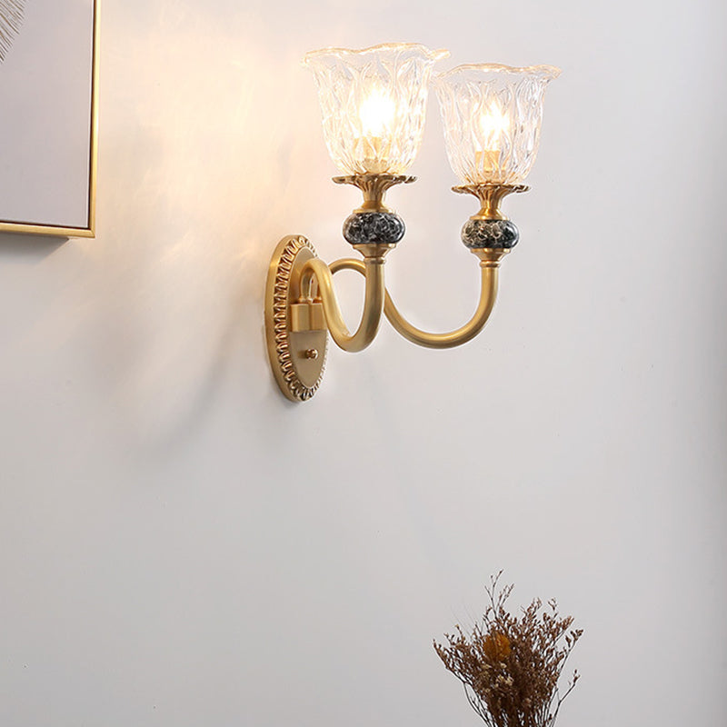 Rynx | 1/2 Heads Clear Glass Wall Lamp Vintage Brass Flower Bedroom LED Wall Mounted Lighting