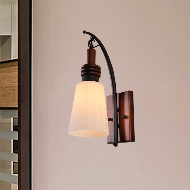 Rynx | Modern Cone Wall Light Opal Glass and Wood 1 Head Bedroom Wall Mounted Lamp in Reddish Brown