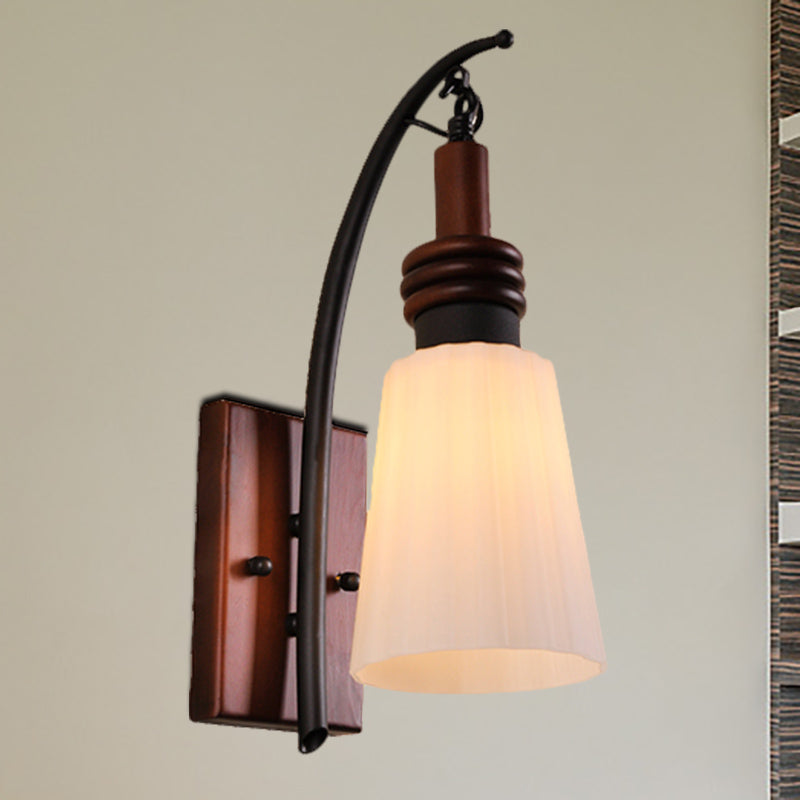 Rynx | Modern Cone Wall Light Opal Glass and Wood 1 Head Bedroom Wall Mounted Lamp in Reddish Brown