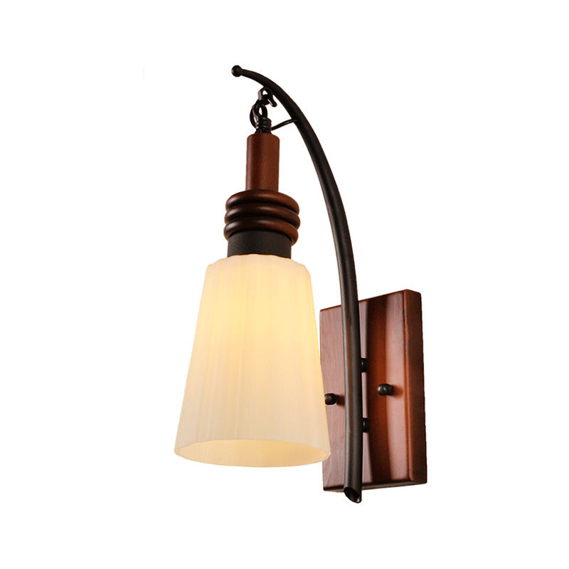 Rynx | Modern Cone Wall Light Opal Glass and Wood 1 Head Bedroom Wall Mounted Lamp in Reddish Brown