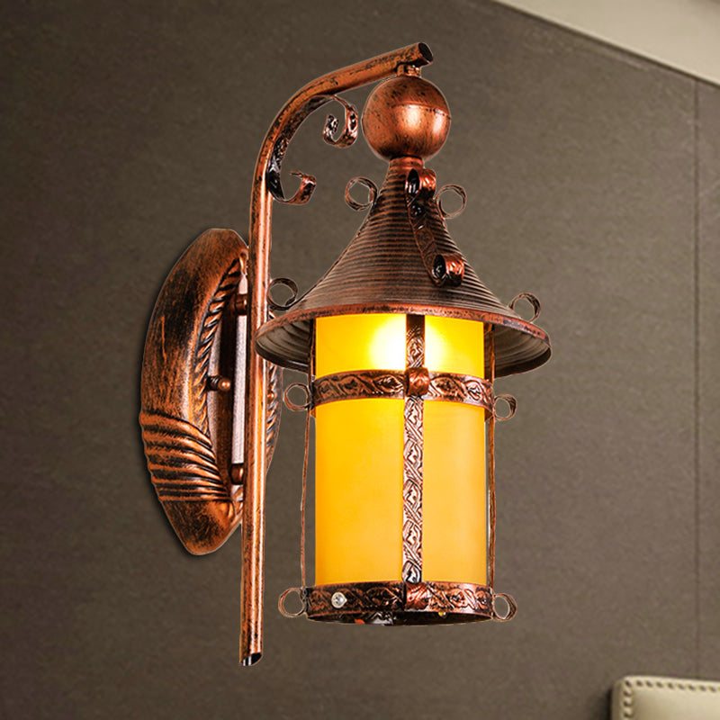 Rynx | House Hall Wall Light Fixture Yellow Glass 1 Light Vintage Wall-mounted Light with Curved Arm in Weathered Copper