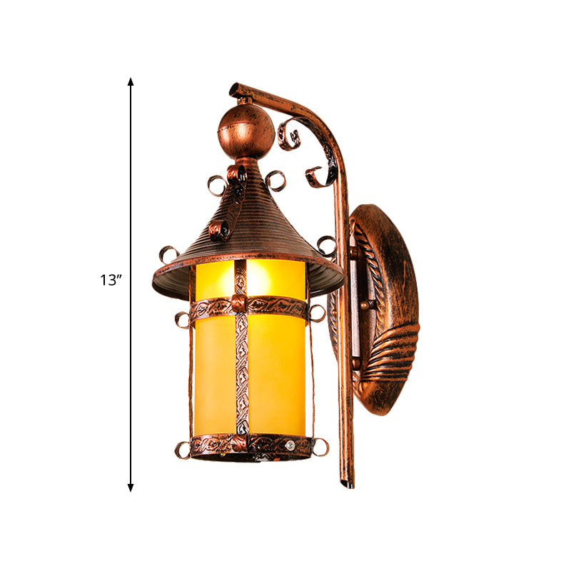 Rynx | House Hall Wall Light Fixture Yellow Glass 1 Light Vintage Wall-mounted Light with Curved Arm in Weathered Copper