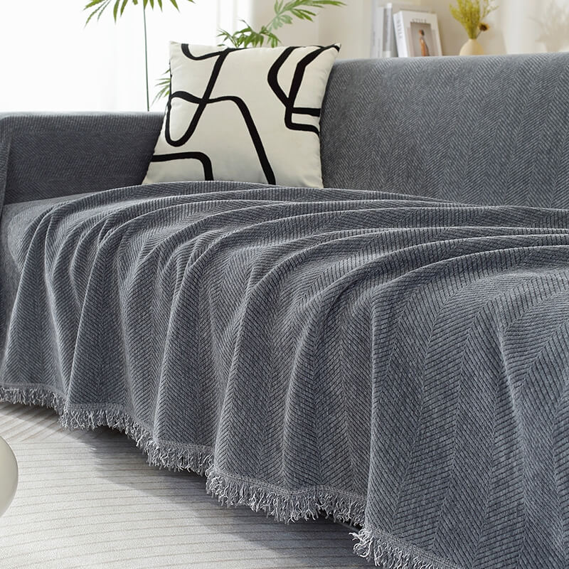 RYNX | Blanket Herringbone Tassel Couch Cover Grey