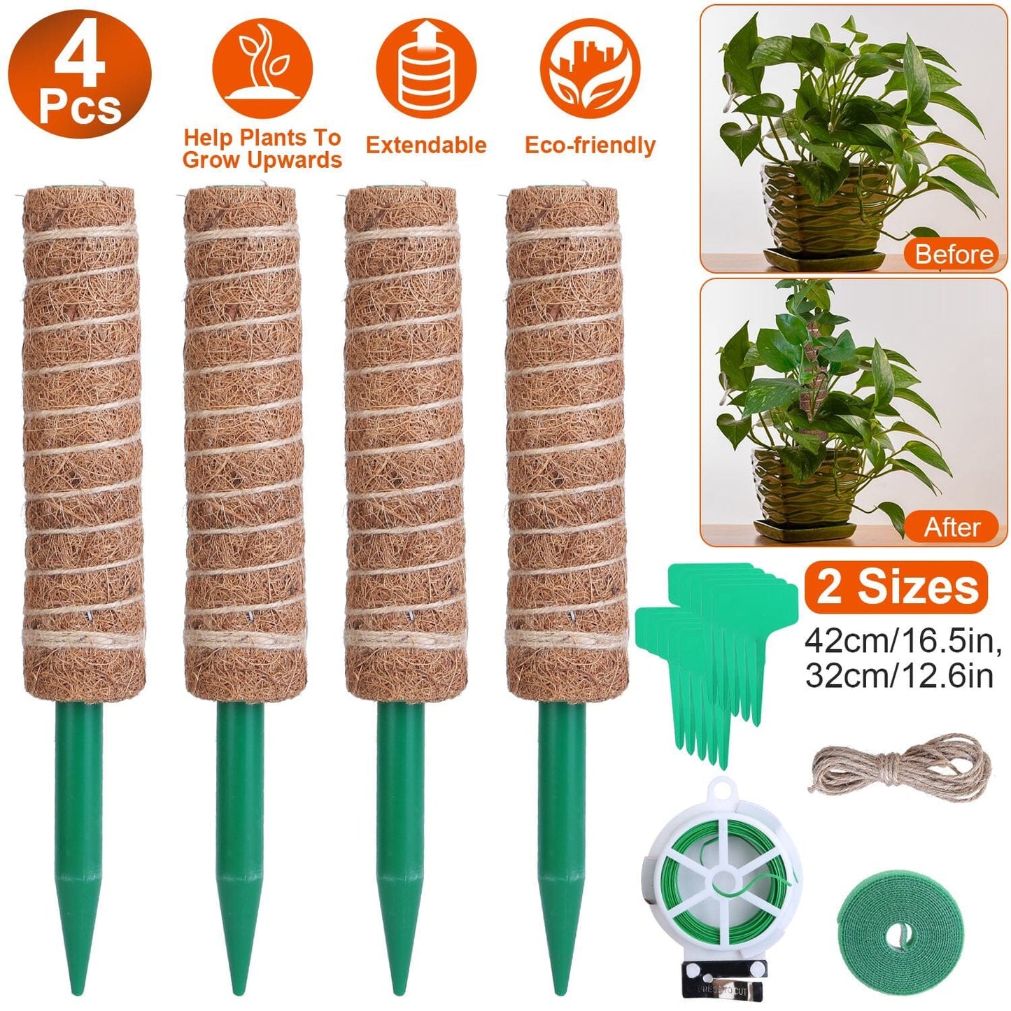 Rynx | 4-Pieces: Coco Coir Expandable Moss Pole for Climbing Plants