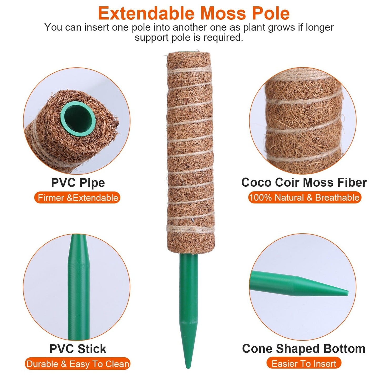 Rynx | 4-Pieces: Coco Coir Expandable Moss Pole for Climbing Plants