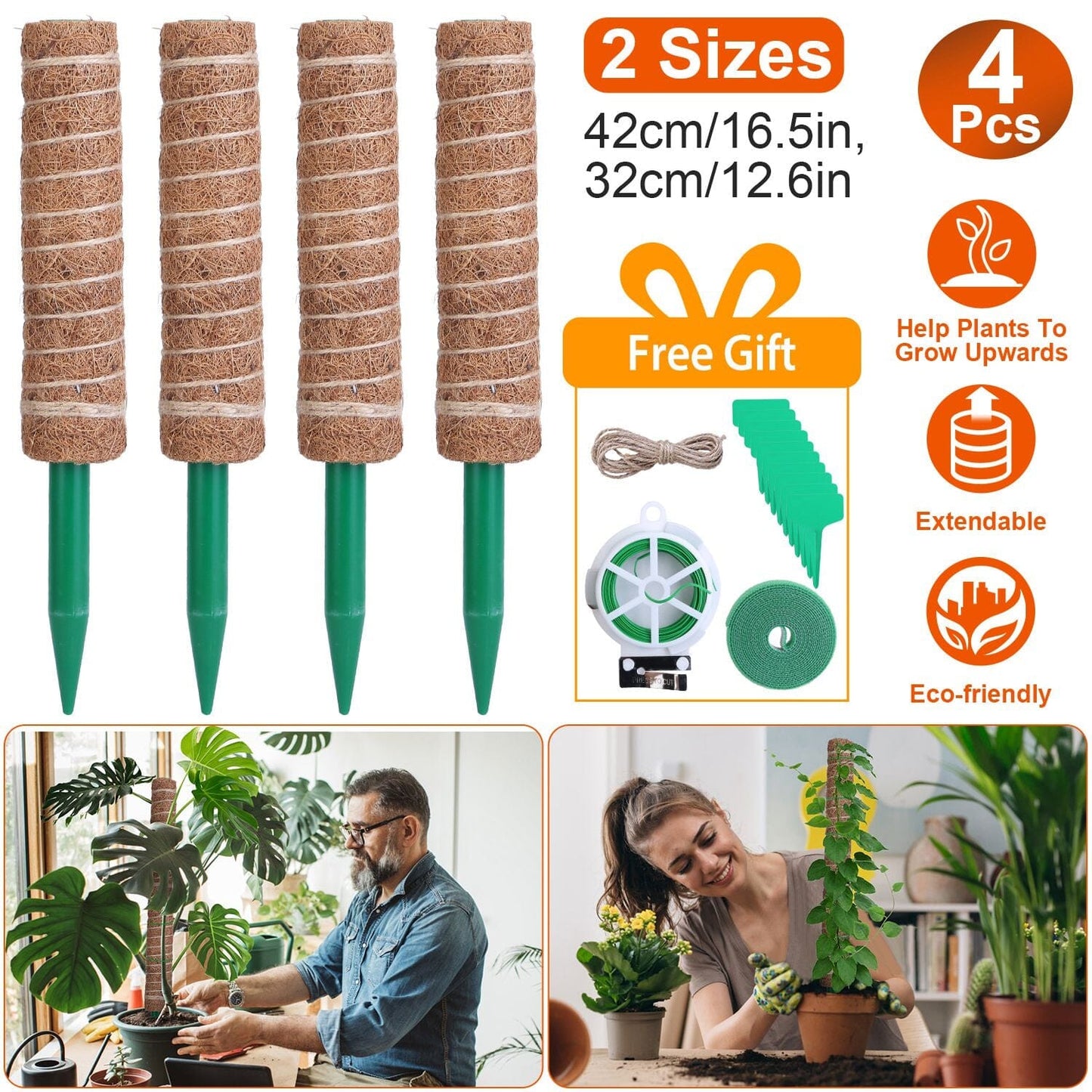 Rynx | 4-Pieces: Coco Coir Expandable Moss Pole for Climbing Plants
