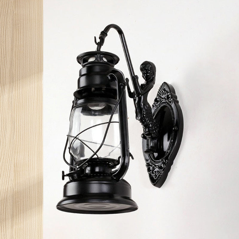 Rynx | One Bulb Wall Lamp with Lantern Shade Clear Glass Coast Bedroom Wall Lamp in Black/Antique Brass/Aged Copper with Mermaid
