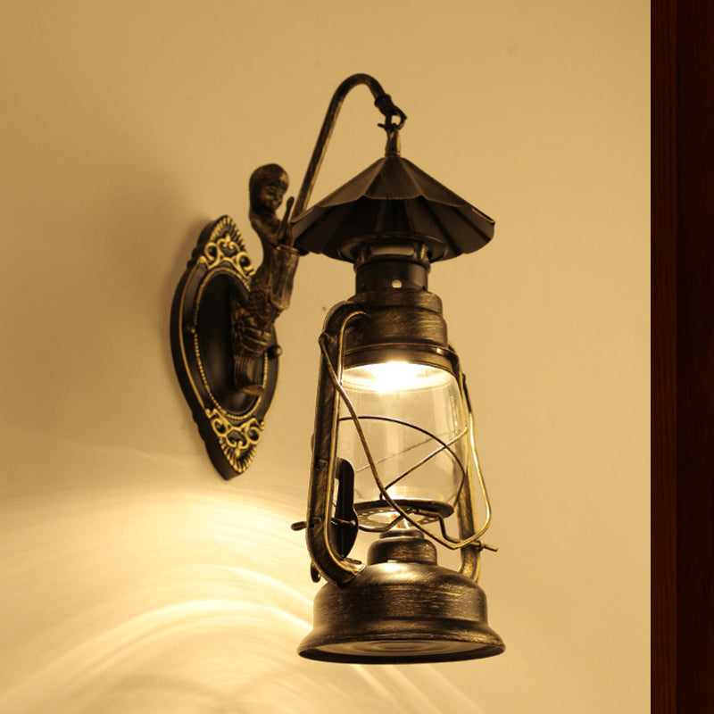Rynx | Kerosene Clear Glass Wall Lamp Coast Single Bulb Living Room Sconces Lamp in Black/Antique Brass