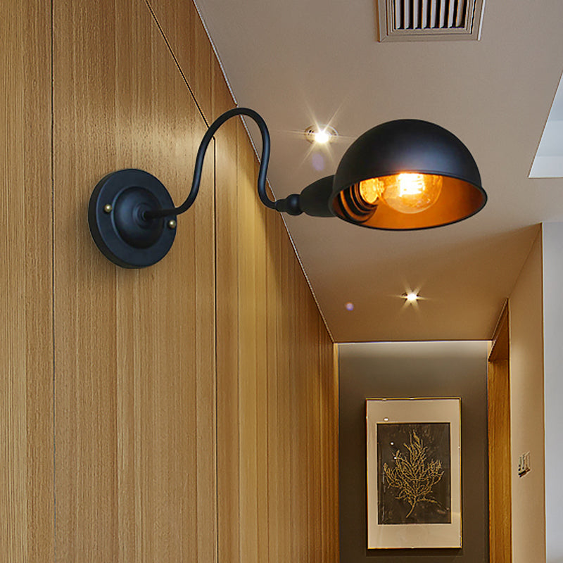 Rynx | 1 head wall-mounted light loft style dome shade metal adjustable wall lamp in black for bedroom