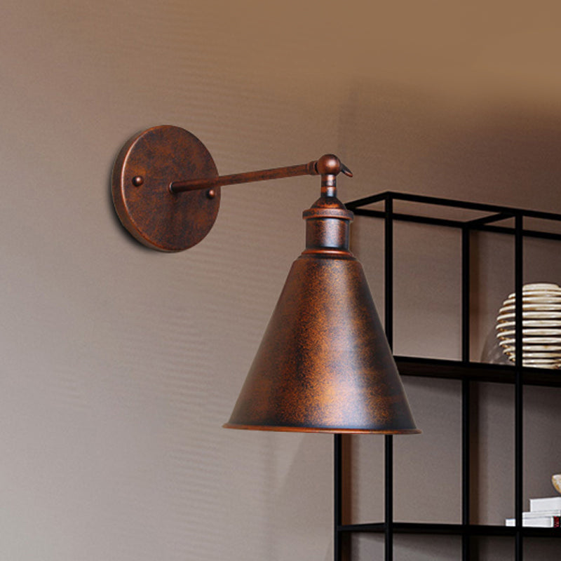 Rynx | Black/Rust 1 Head Wall Lamp Farmhouse Style Wrought Iron Conical Adjustable Wall Light Fixture for Outdoor