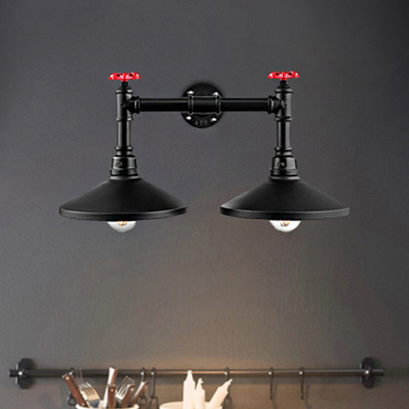 Rynx | Industrial Cone Wall Lamp with Raw Valve 2 Heads Metal Wall Light in Black for Hallway