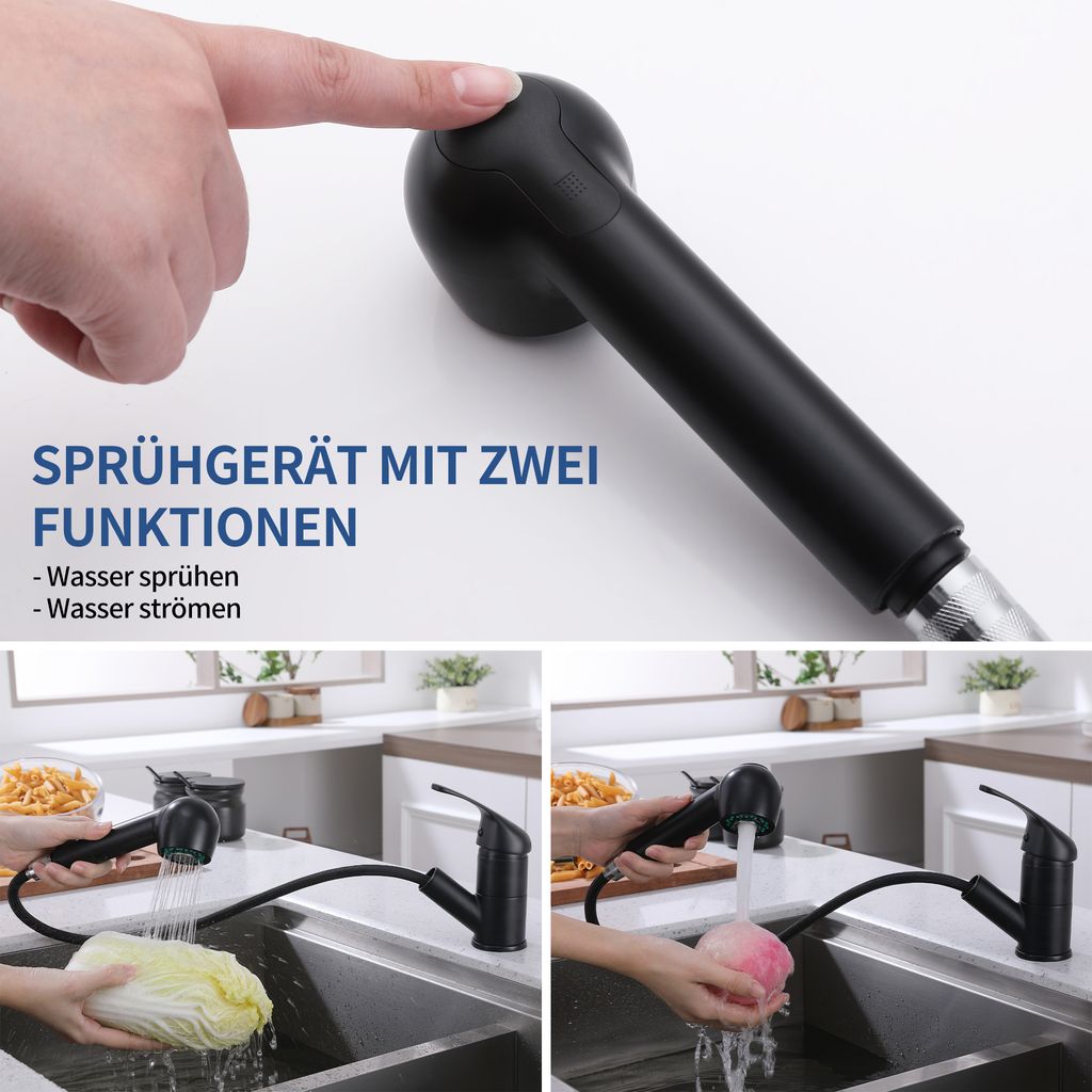 Rynx | Black Faucet Kitchen, Kitchen Faucets with 2 Spray Types Faucet with Pull-Out Spray, Mixing Valve Kitchen for Dual Sink