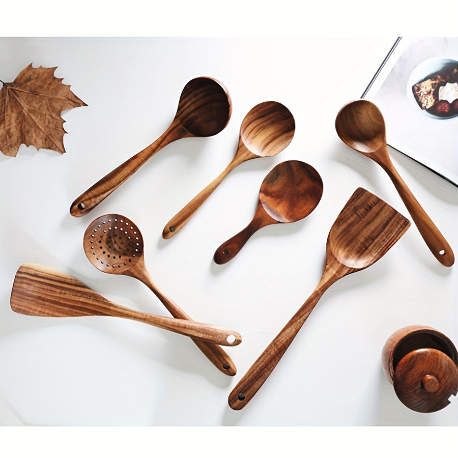 Rynx | 7pcs Premium Teak Wooden Cooking Spoons Set - Ergonomic Non-Stick Spatula with Soft Grip Handle - Perfect for Back to School, Kitchen Essentials, and Culinary Arts