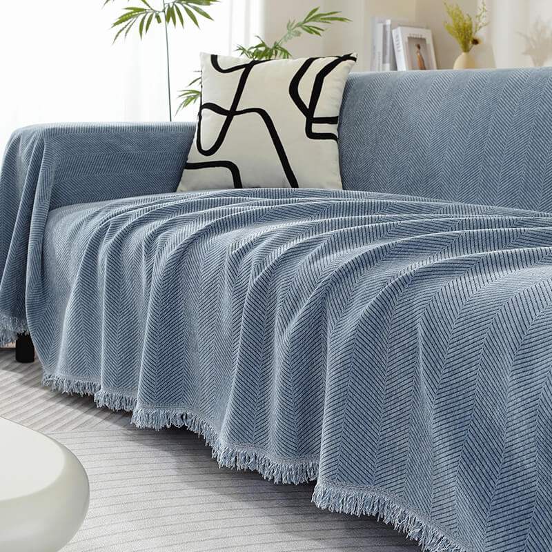RYNX | Blanket Herringbone Tassel Couch Cover Blue
