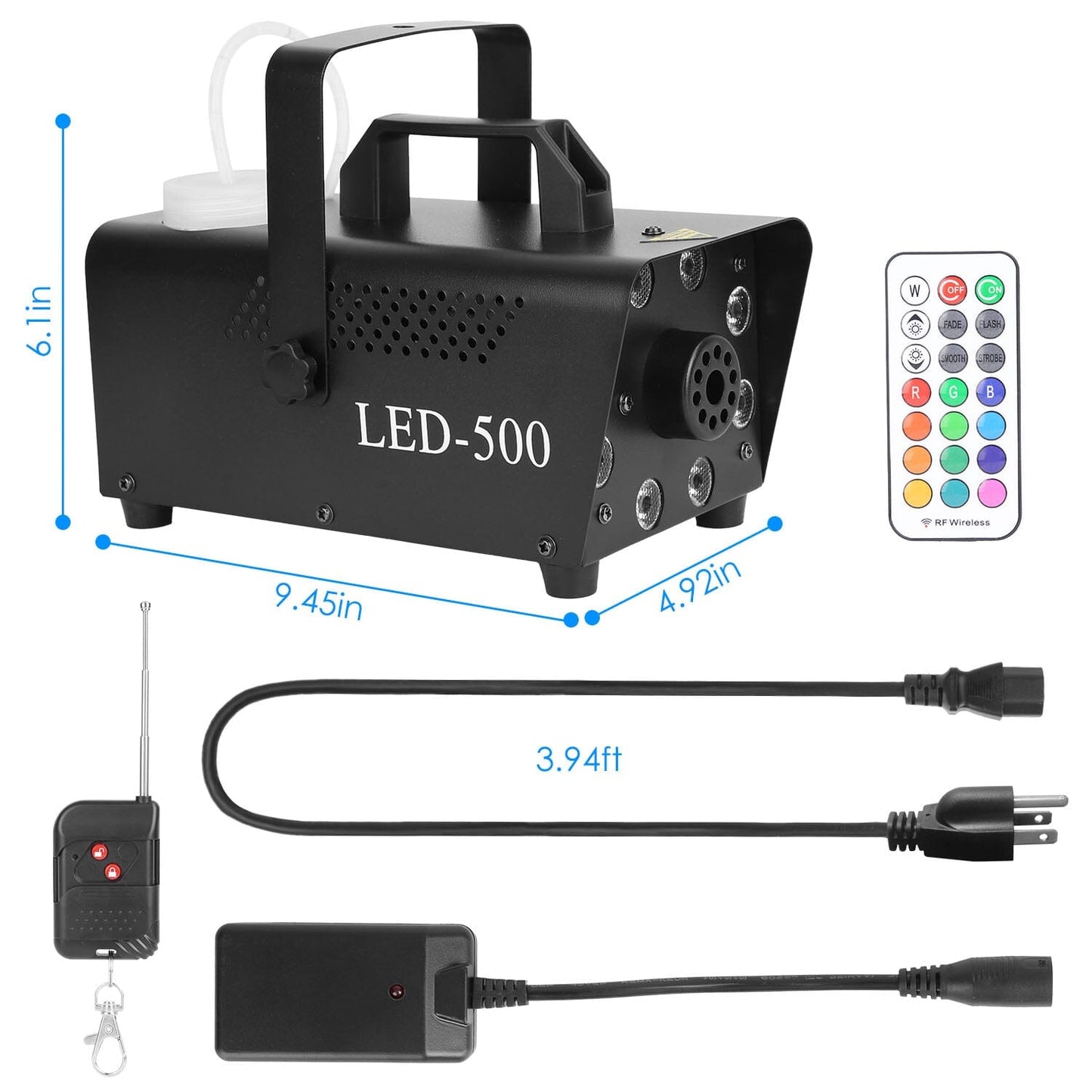 Rynx | 500W Fog Enhancer 2000CFM Colorful Fog Machine with 8-Piece LED 5 Light Effects 3-Level Brightness