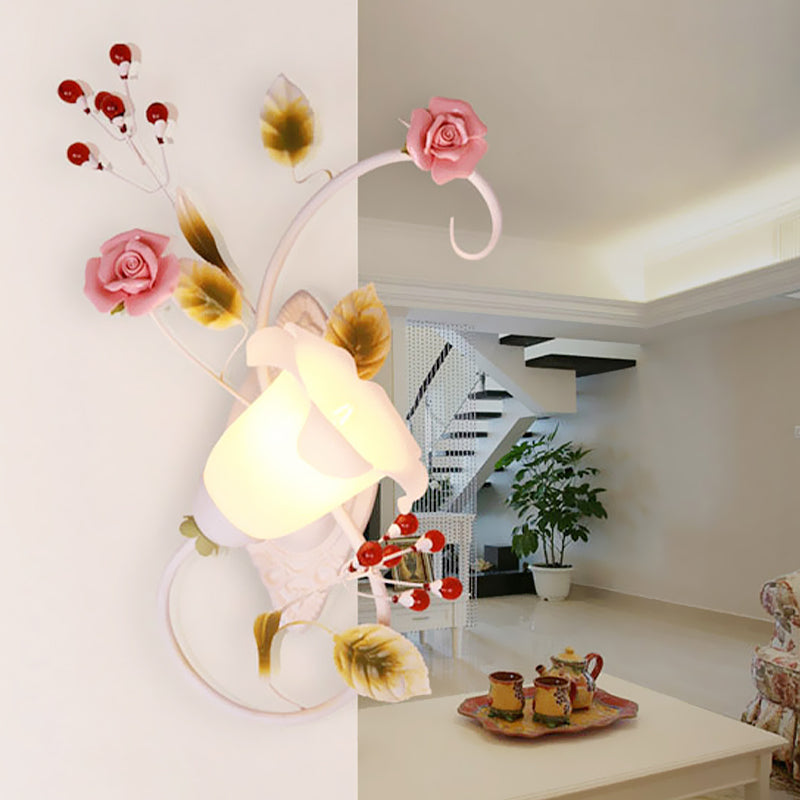 Rynx | Country curved arm wall lamp 1 bulb metal roses wall lighting in white for living room, left/right