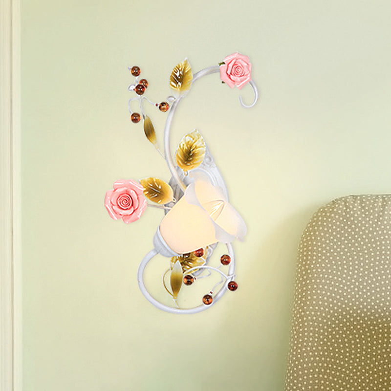 Rynx | Country curved arm wall lamp 1 bulb metal roses wall lighting in white for living room, left/right