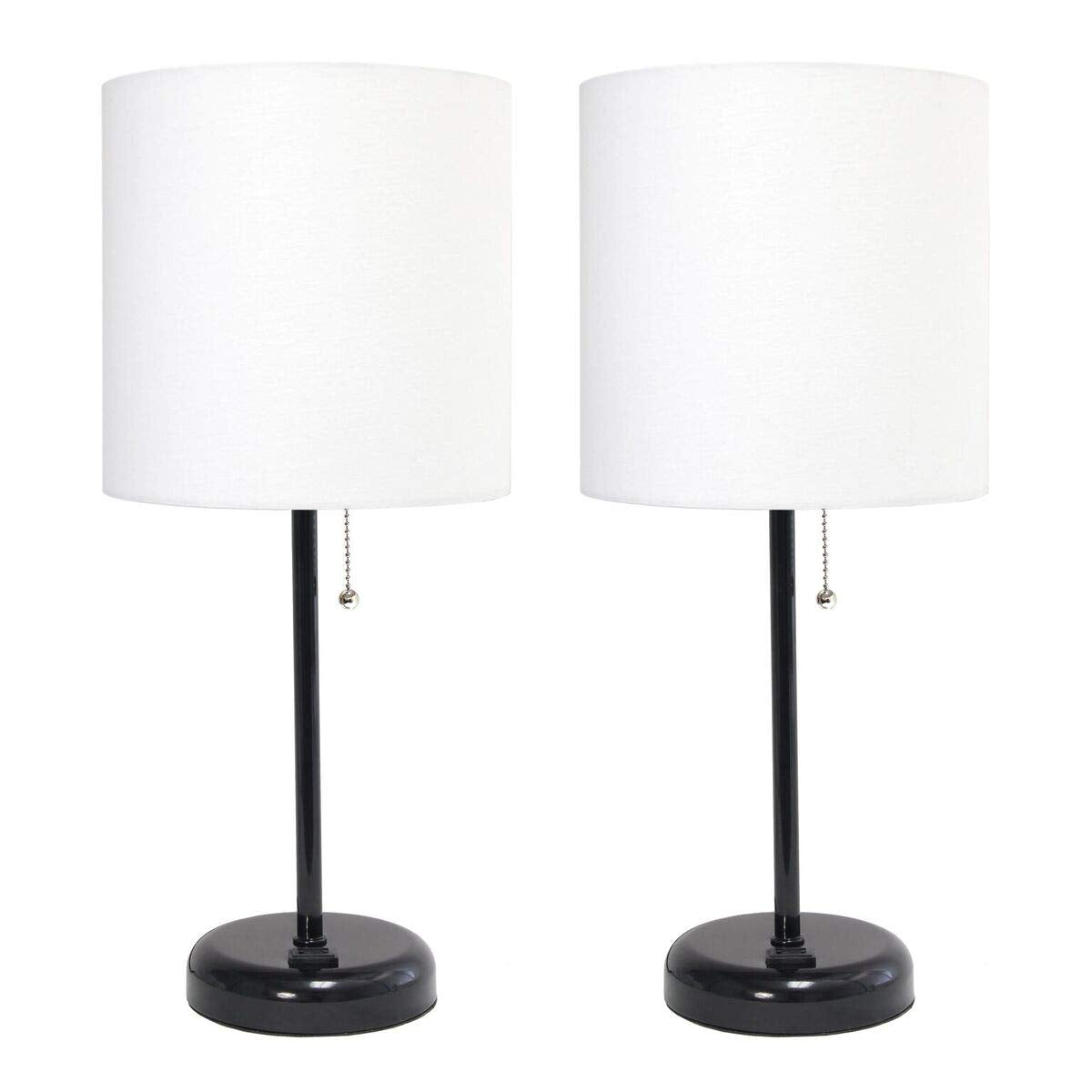 Rynx | Limelights Lc2001-Baw-2Pk Black Stick Table Lamp With Charging Socket & Fabric Shade; White - Set Of 2