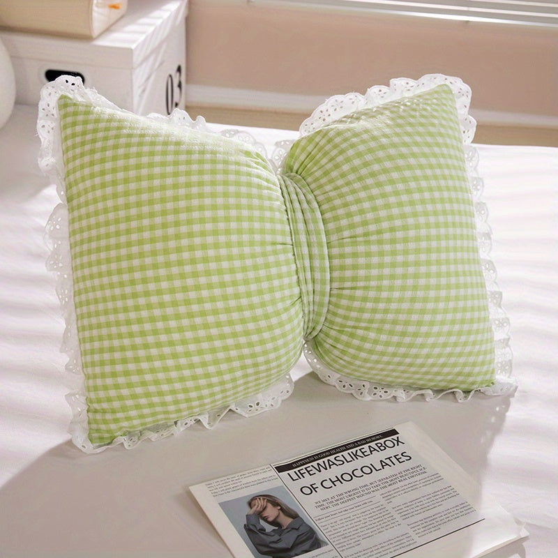 Rynx | Niedliches Schleifen-Karomuster-Wurfkissen - Minimalistischer Stil Dekokissen mit Spitzenborte, 100% Polyester, Maschinenwaschbar für Wohnzimmer, Schlafzimmer & Rücksitz des Autos - Pink, Blau, Grün, Gelb, Gemütliche Wohnakzente | Polye