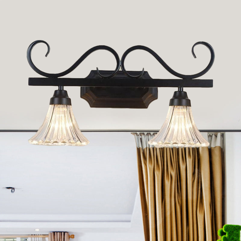 Rynx | Black 2-Light Wall Sconce Traditional Clear Textured Glass Bell Make-Up Lighting for Bathroom