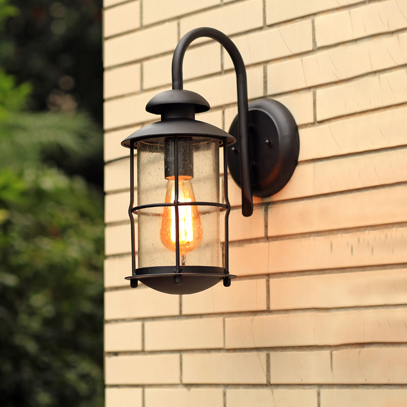 Rynx | Seeded Glass Black Wall Light Cylinder 1-Light Traditional Light Source with Cage