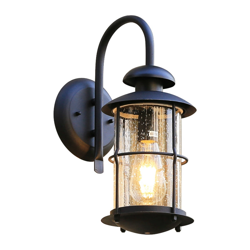 Rynx | Seeded Glass Black Wall Light Cylinder 1-Light Traditional Light Source with Cage