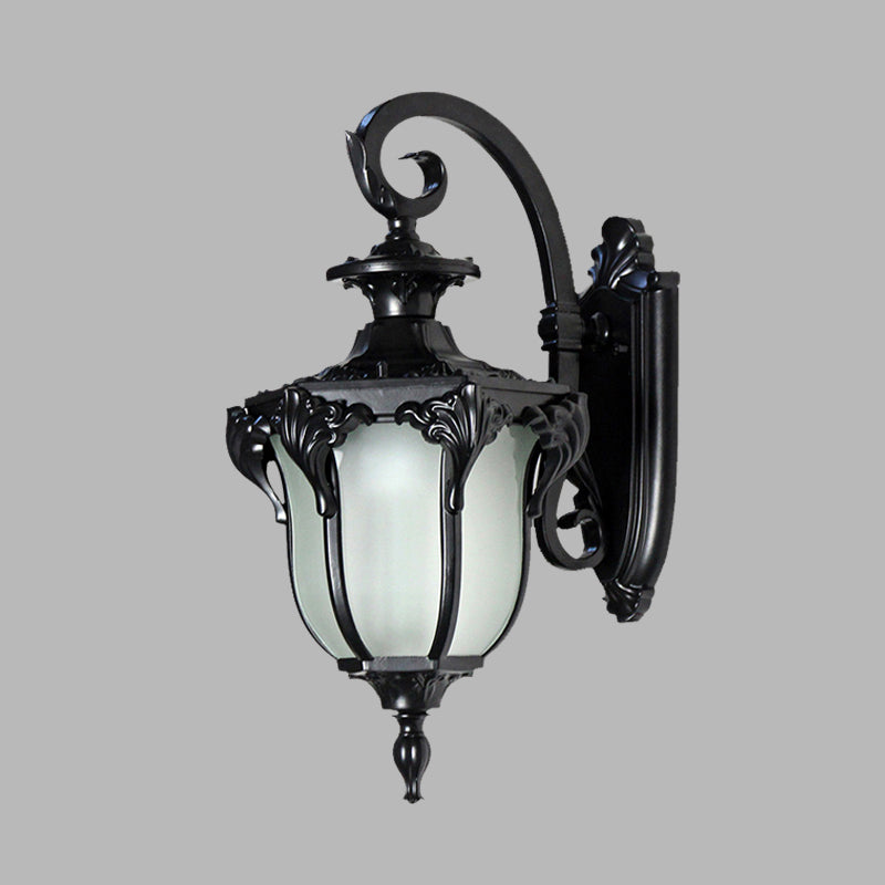 Rynx | Acorn Outdoor Wall Lamp Fixture Lodges White Glass 1 Light Black/Brass Finish Wall Lamp with Swirl Arm