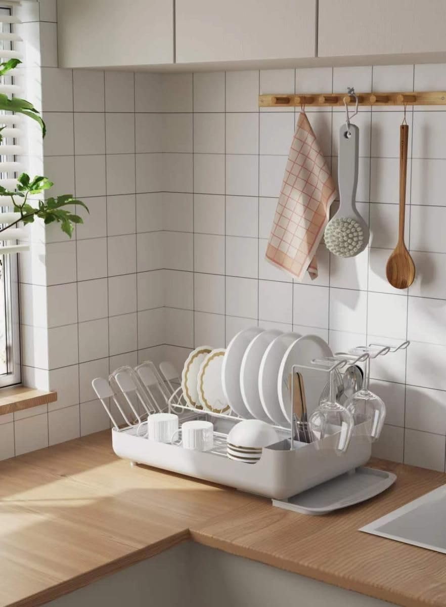 Rynx | 2-tier dish rack with removable drip tray – Large capacity workspace organizer