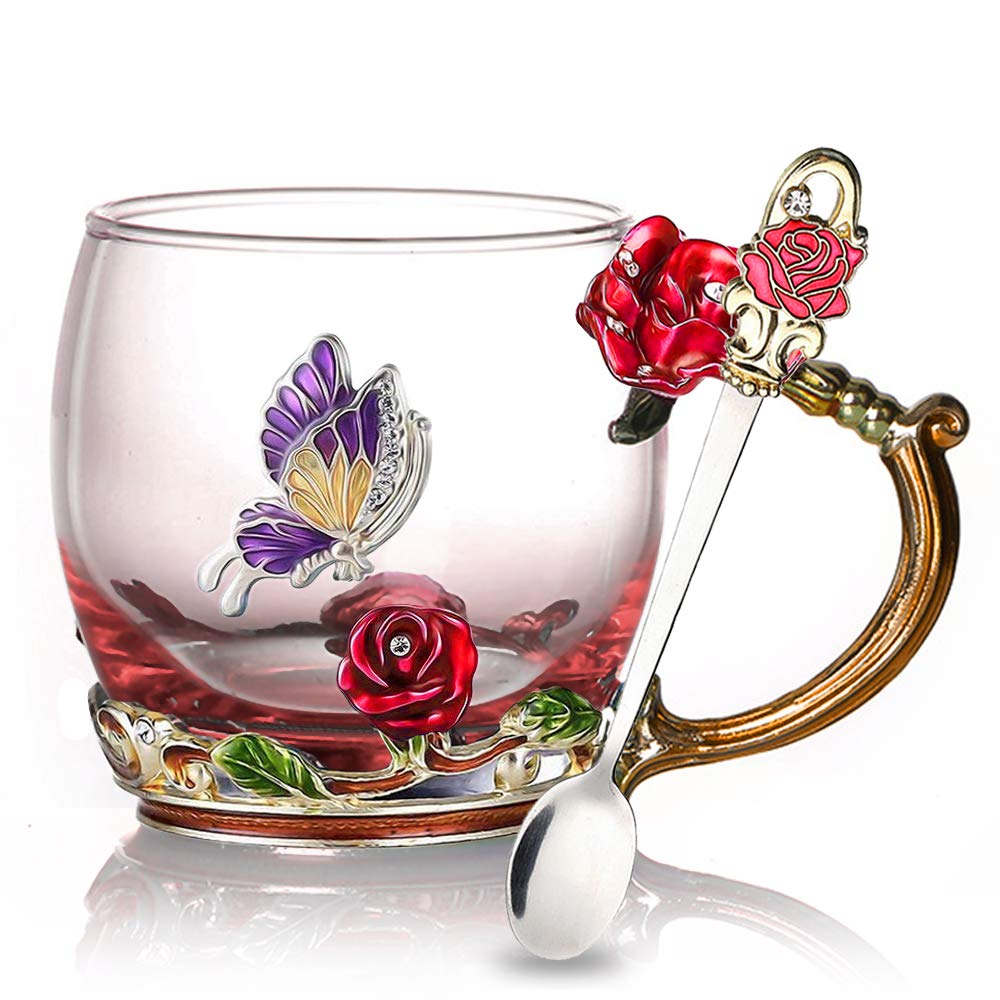 Rynx | Enamel Rose Glass Tea Cup Set (With Spoon) Red Short