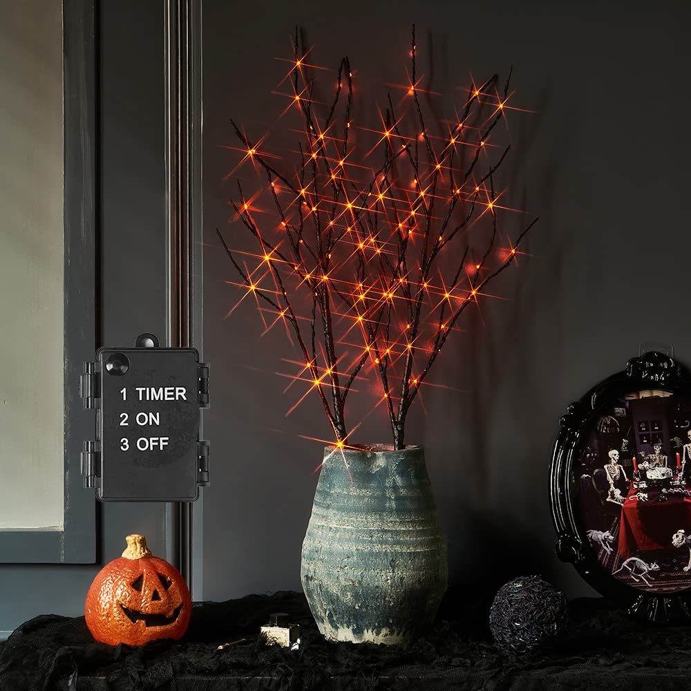 Rynx | Hairui Illuminated Halloween Tree Branches With Timer 32In 100L Orange Feilys, Black Branch Light Battery-Powered Or Indoor Outdoor Halloween Party Decoration