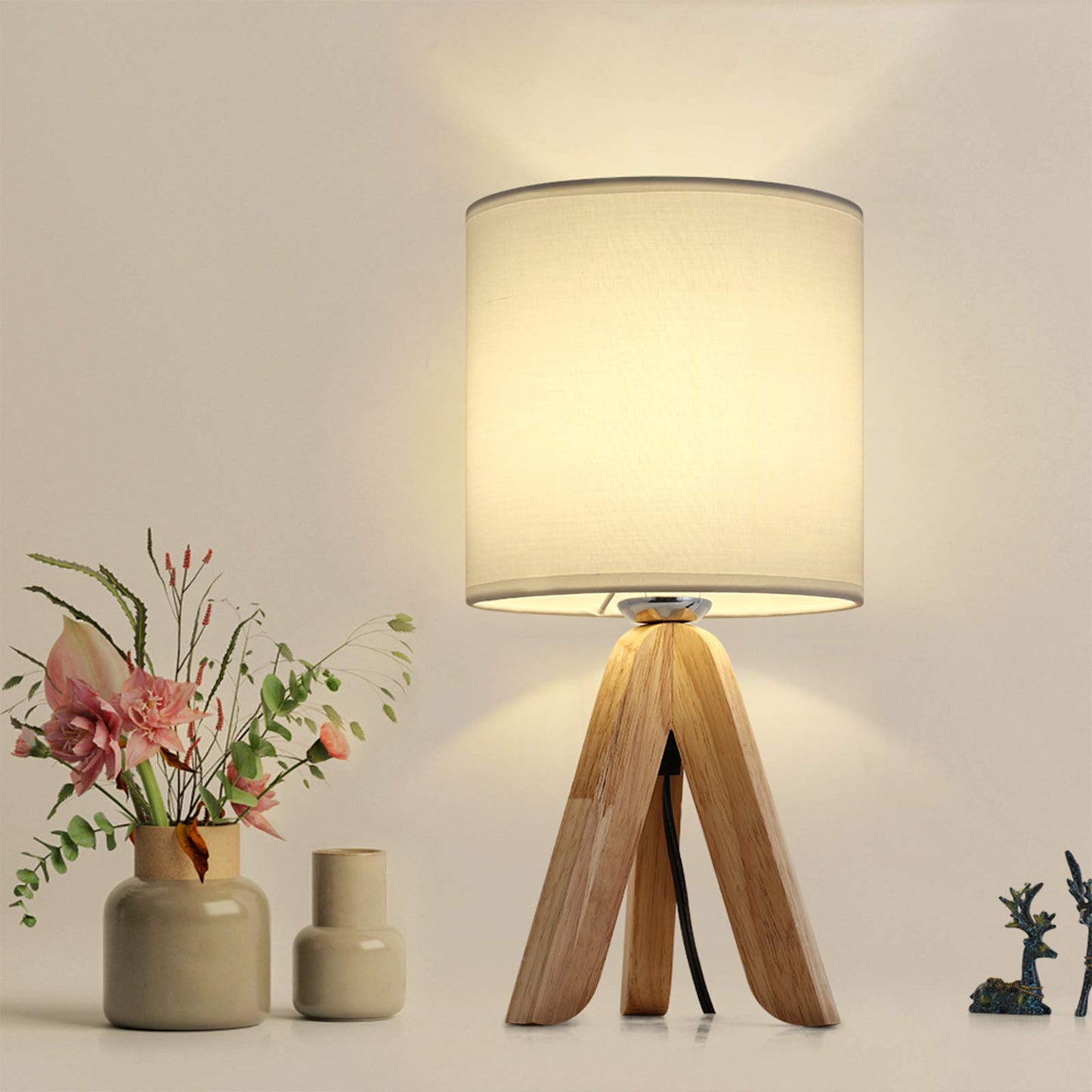 Rynx | Haitral Small Bed Lamp - Wooden Tripod Nightstand Lamp For Bedroom, Living Room, Office, Farmhouse, Home With Fabric Shade