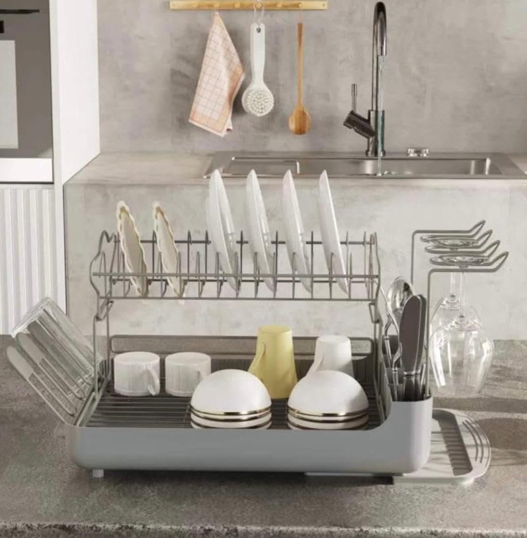 Rynx | 2-tier dish rack with removable drip tray – Large capacity workspace organizer