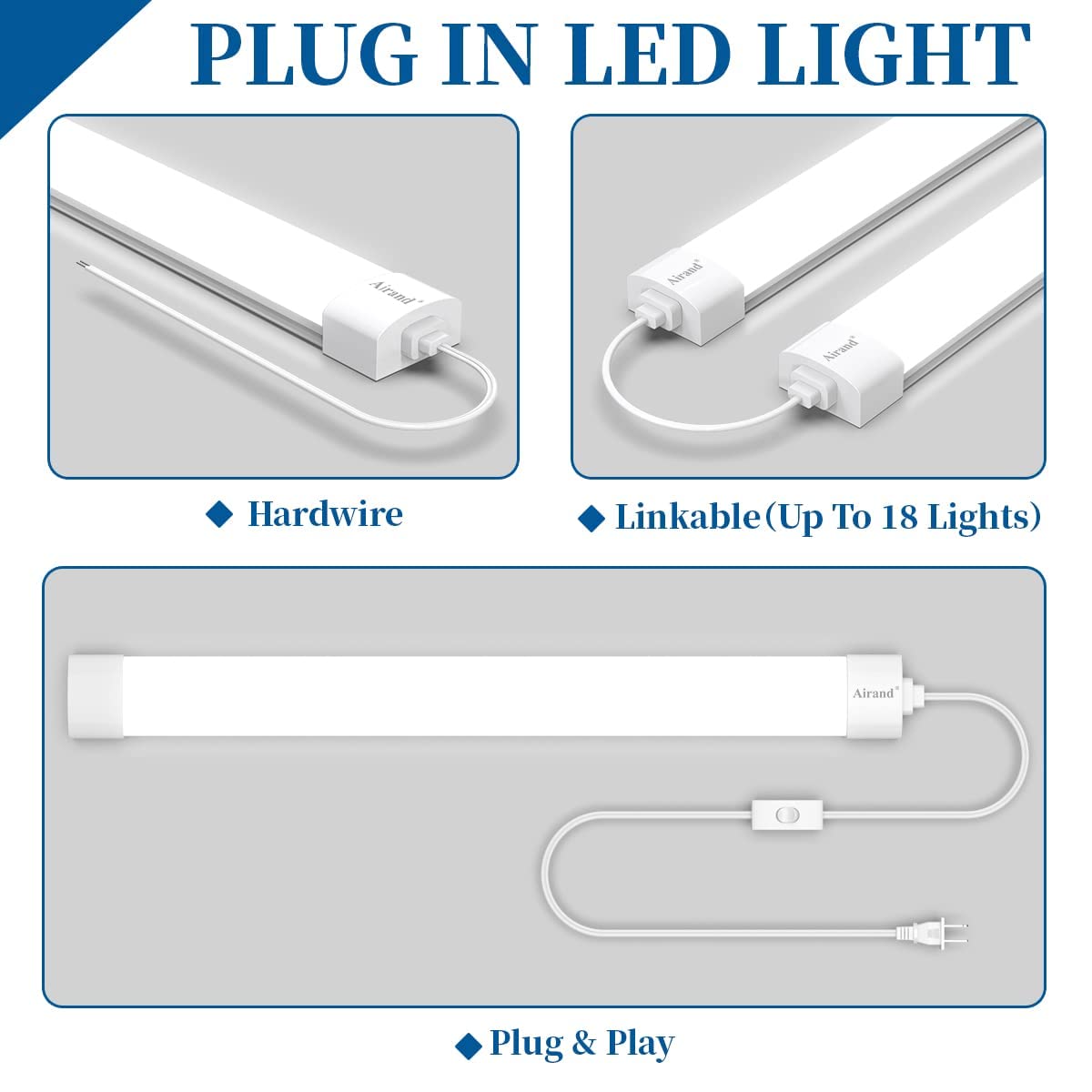 Rynx | Airand Led Shop Light 2Ft/4Ft, Linkable 5000K, 1800 Lm, With Cable