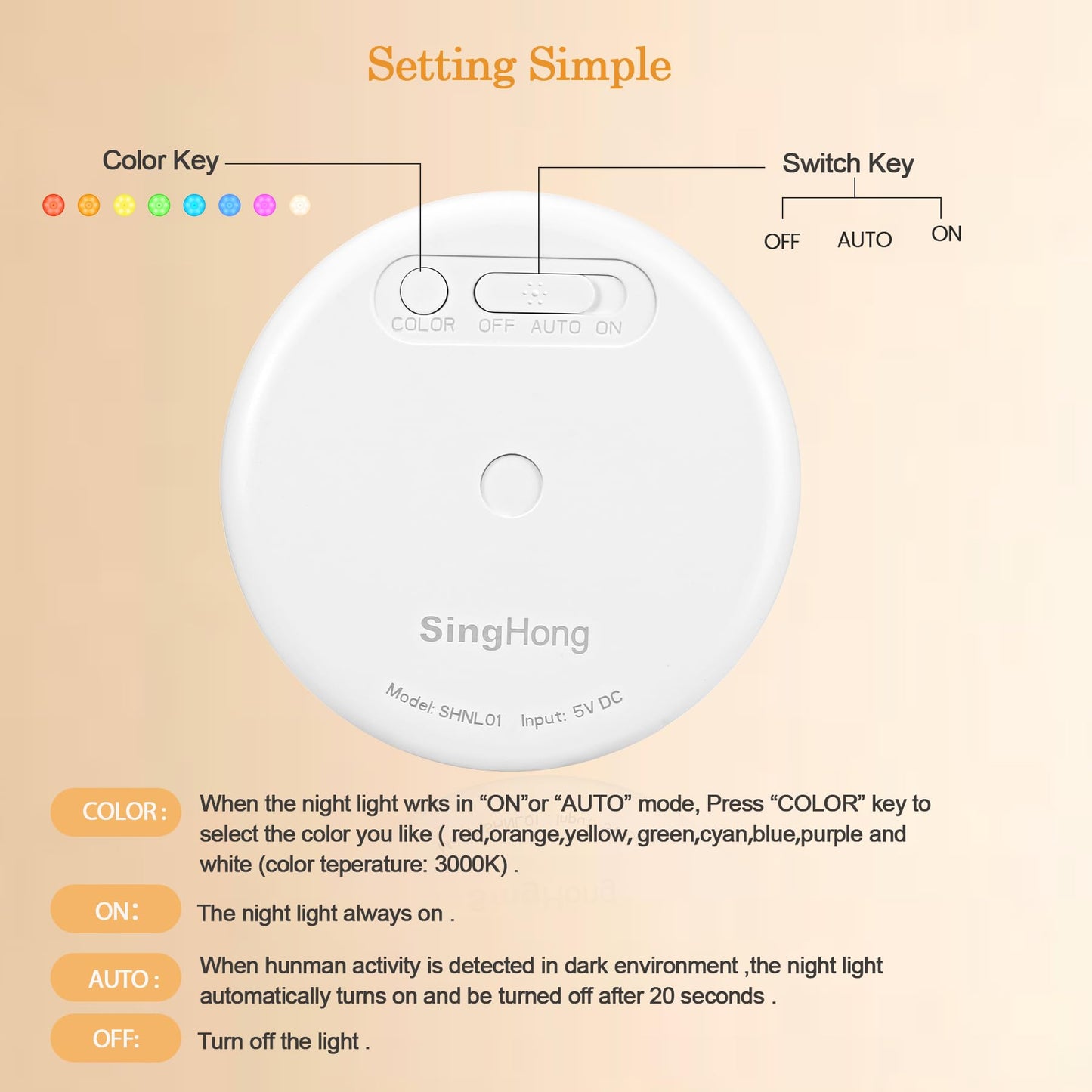Rynx | Singhong Motion Sensor LED Night Light, USB Rechargeable, 8 Colors, 3 Modes, 2 Pack, White