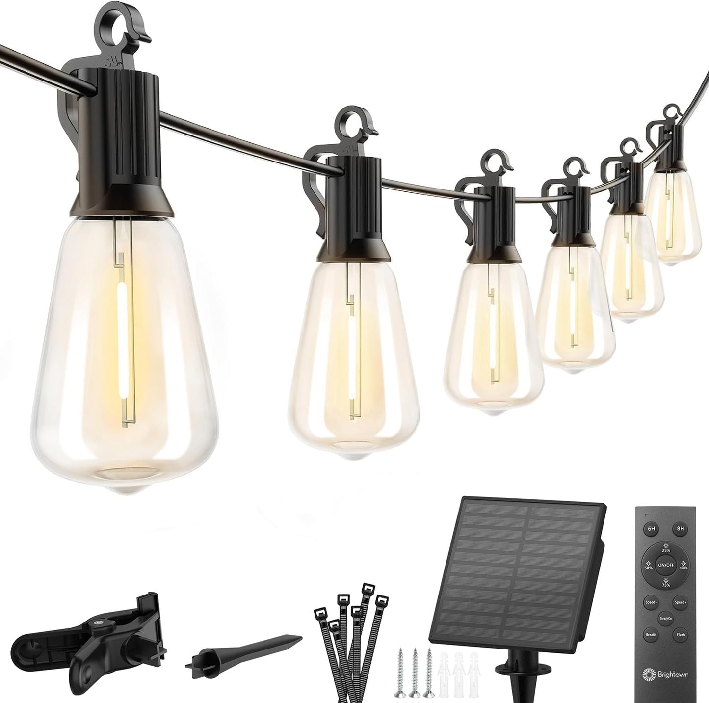 Rynx | Brightown Outdoor Solar String Light Waterproof 58Ft With 25 Shatterproof St38 Led Bulbs, 2700K Solar String Light With Remote Control, Solar String Light For Outdoor, Camping, Garden, Party Decor